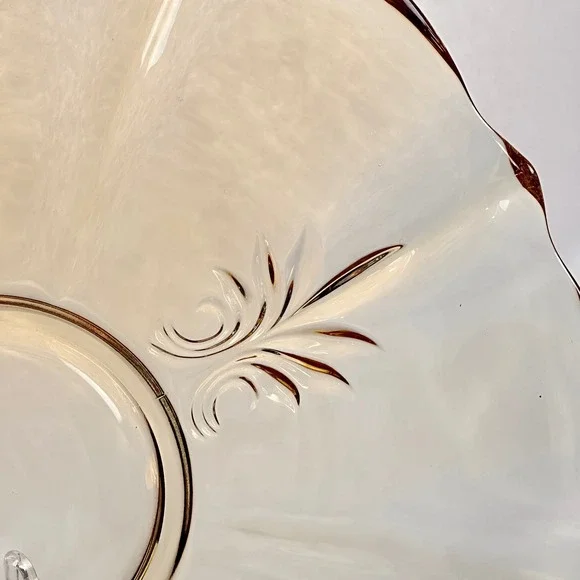 Vintage Amber Glass Scalloped Edge Dessert Cake‎ Stand Tray Floral Etched Topaz - Picture 13 of 16